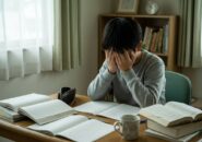 机で頭を抱えて悩む男子中学生、周りに教材