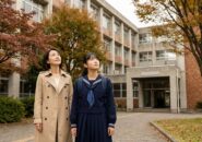 高校の校舎の前に立つ母親と中学生の娘