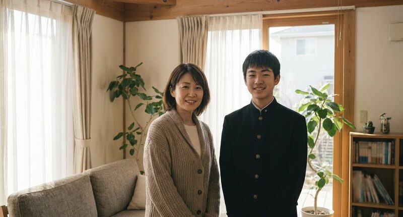 笑顔で並んで立つ母親と中学生の息子の記念写真