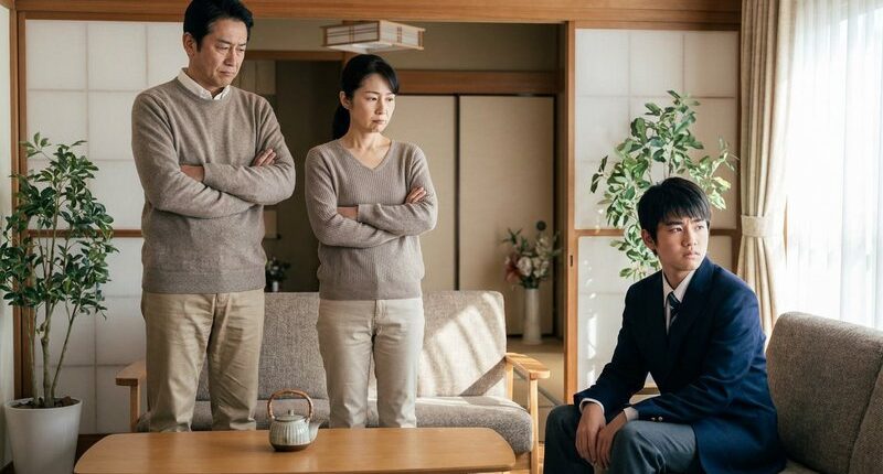 腕組みする両親と不機嫌な中学生の息子