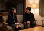 ソファで真剣な表情で話し合う父親と中学生の娘