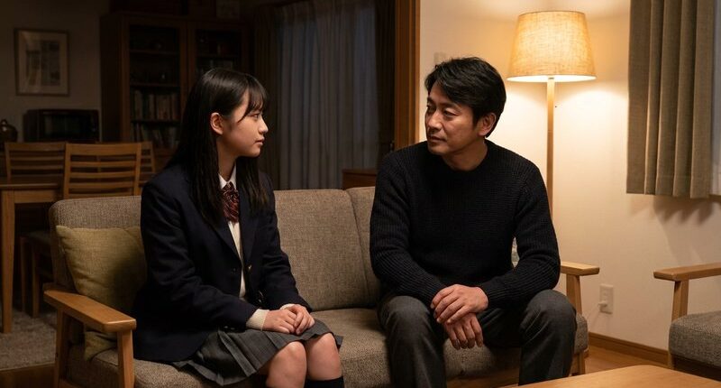 ソファで真剣な表情で話し合う父親と中学生の娘
