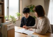 机で中学生の息子の勉強を隣で見守る母親