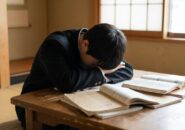 机に突っ伏して疲れた表情の男子中学生