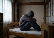 ベッドでフードをかぶり顔を伏せる中学生