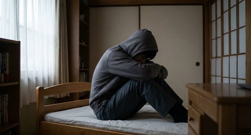 ベッドでフードをかぶり顔を伏せる中学生
