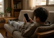 ソファに寝転びスマートフォンを見る男子中学生