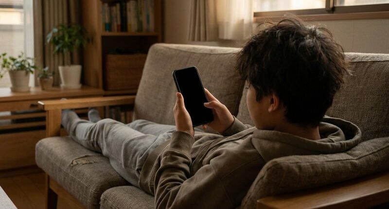 ソファに寝転びスマートフォンを見る男子中学生
