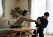 スマートフォンを取り上げようとする母親と抵抗する中学生の息子